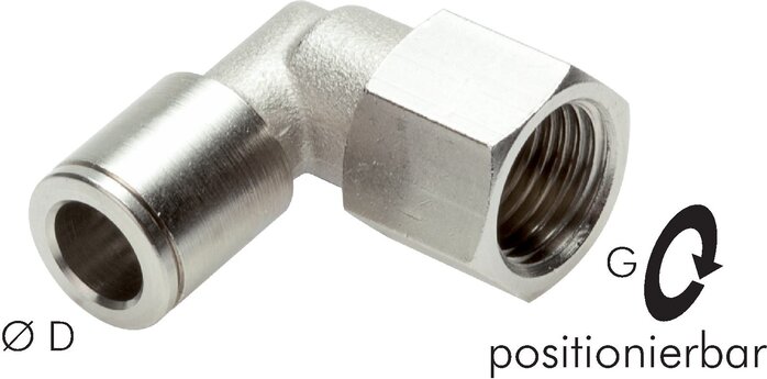 Exemplary representation: Push-in L-fitting with cylindrical female thread, nickel-plated brass