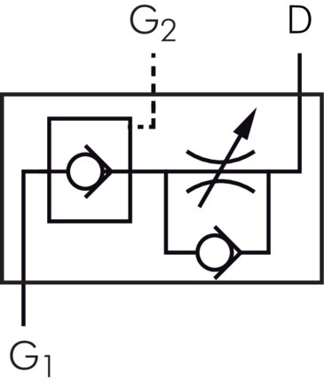 Symbol przelaczania: Zawór dlawiaco-zwrotny (regulacja powietrza wywiewanego) z odblokowanym zaworem zwrotnym
