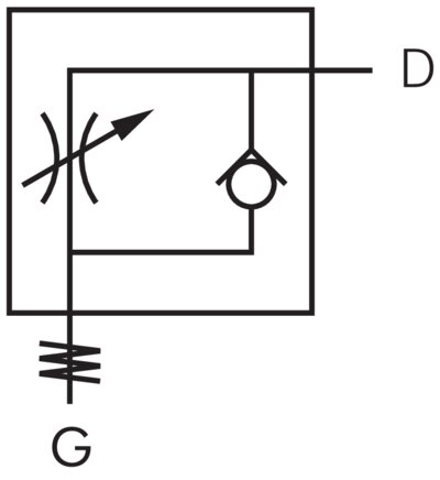 Symbol przelaczania: Zawór dlawiaco-zwrotny (regulacja powietrza wywiewanego)